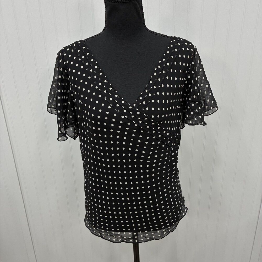 Adrianna Papell Woman Silk Blouse 16W Black White Polka Dot V Neck Flutter Sleev